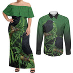 New Zealand Black Robin Couples Matching Off Shoulder Maxi Dress and Long Sleeve Button Shirt Karure Maori Koru Art Tattoo
