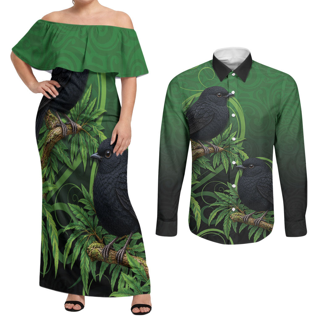 New Zealand Black Robin Couples Matching Off Shoulder Maxi Dress and Long Sleeve Button Shirt Karure Maori Koru Art Tattoo