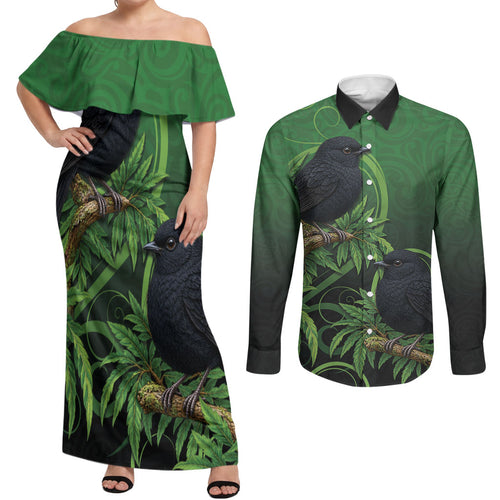 New Zealand Black Robin Couples Matching Off Shoulder Maxi Dress and Long Sleeve Button Shirt Karure Maori Koru Art Tattoo