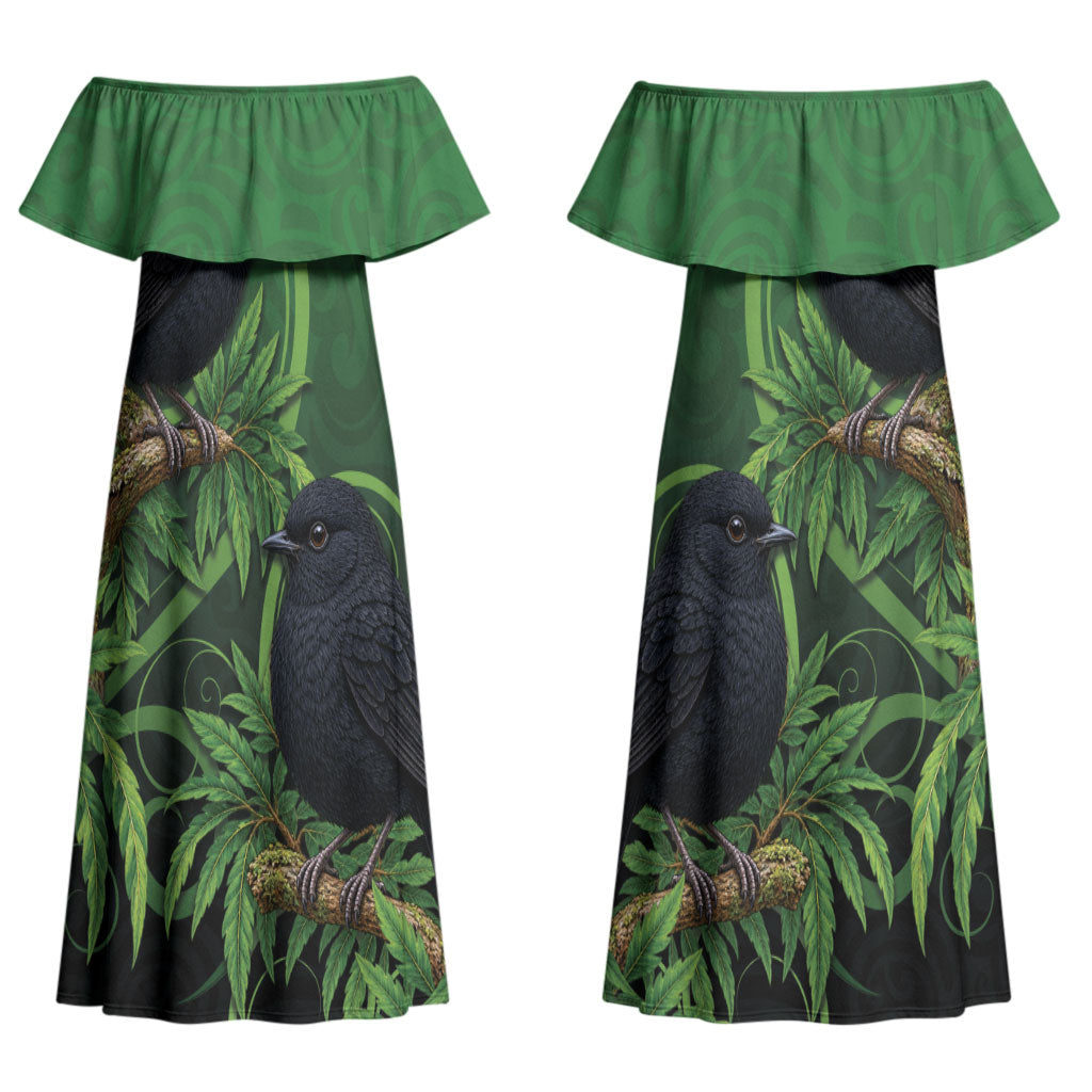 New Zealand Black Robin Couples Matching Off Shoulder Maxi Dress and Long Sleeve Button Shirt Karure Maori Koru Art Tattoo