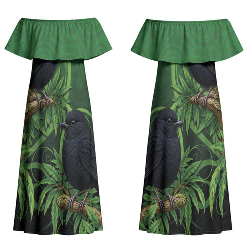 New Zealand Black Robin Couples Matching Off Shoulder Maxi Dress and Long Sleeve Button Shirt Karure Maori Koru Art Tattoo