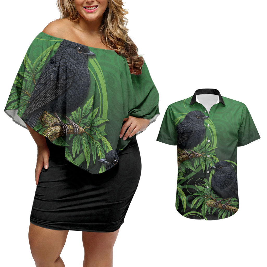 New Zealand Black Robin Couples Matching Off Shoulder Short Dress and Hawaiian Shirt Karure Maori Koru Art Tattoo