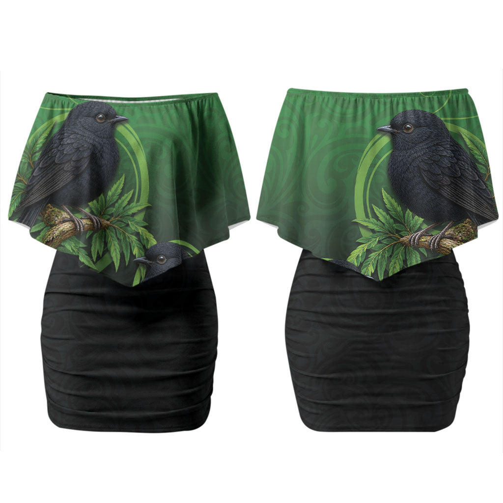 New Zealand Black Robin Couples Matching Off Shoulder Short Dress and Hawaiian Shirt Karure Maori Koru Art Tattoo