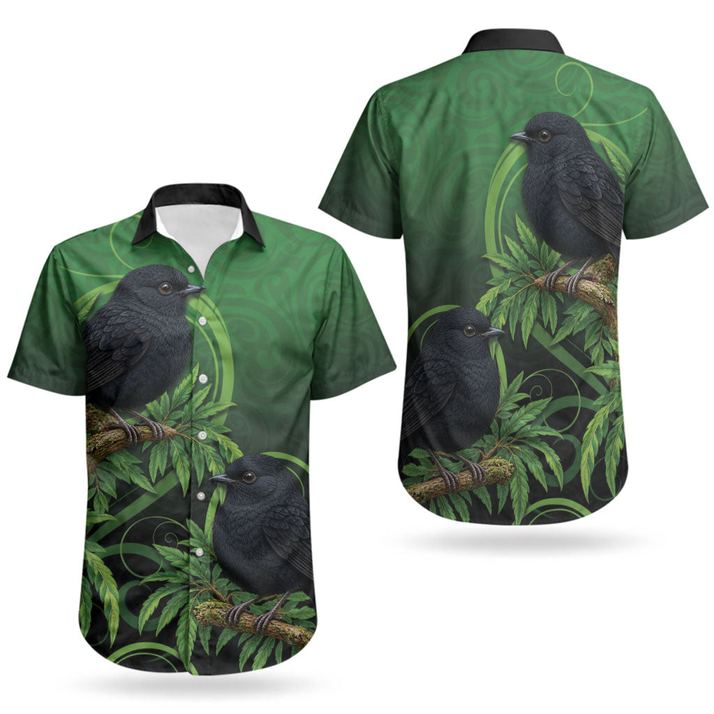 New Zealand Black Robin Couples Matching Off Shoulder Short Dress and Hawaiian Shirt Karure Maori Koru Art Tattoo