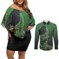 New Zealand Black Robin Couples Matching Off Shoulder Short Dress and Long Sleeve Button Shirt Karure Maori Koru Art Tattoo