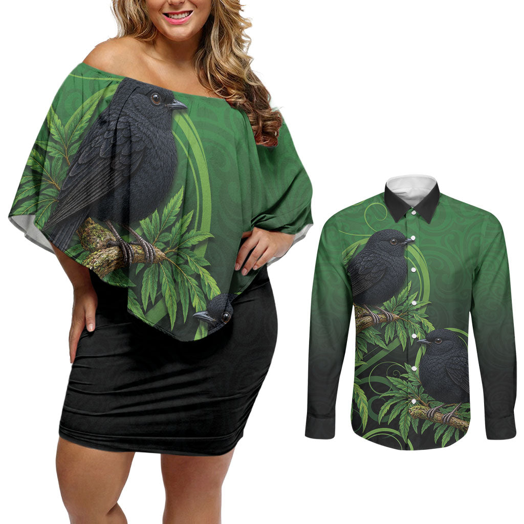New Zealand Black Robin Couples Matching Off Shoulder Short Dress and Long Sleeve Button Shirt Karure Maori Koru Art Tattoo
