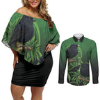 New Zealand Black Robin Couples Matching Off Shoulder Short Dress and Long Sleeve Button Shirt Karure Maori Koru Art Tattoo