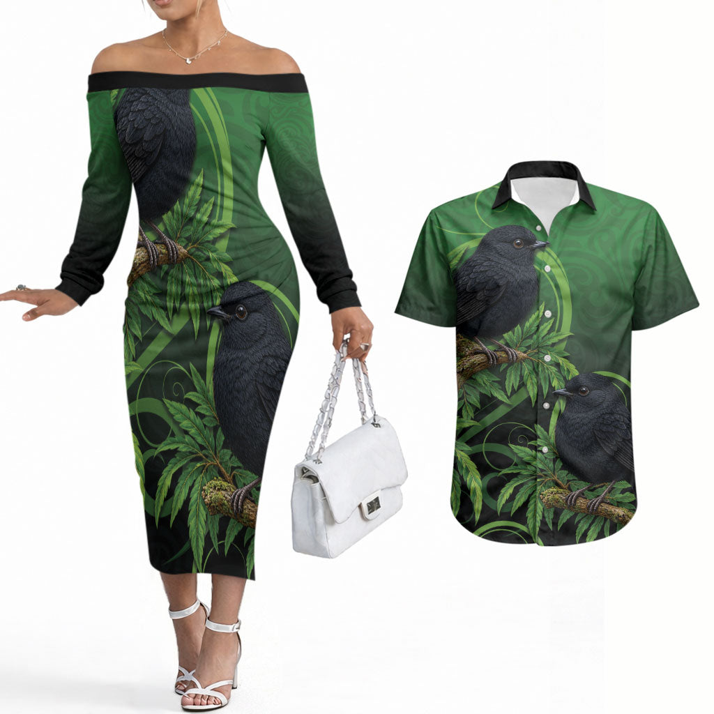 New Zealand Black Robin Couples Matching Off The Shoulder Long Sleeve Dress and Hawaiian Shirt Karure Maori Koru Art Tattoo