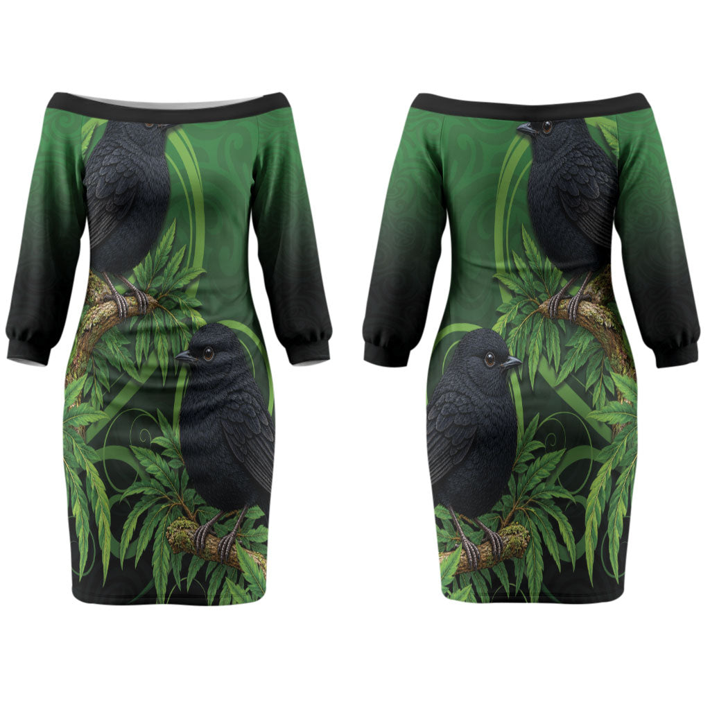 New Zealand Black Robin Couples Matching Off The Shoulder Long Sleeve Dress and Hawaiian Shirt Karure Maori Koru Art Tattoo