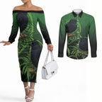 New Zealand Black Robin Couples Matching Off The Shoulder Long Sleeve Dress and Long Sleeve Button Shirt Karure Maori Koru Art Tattoo