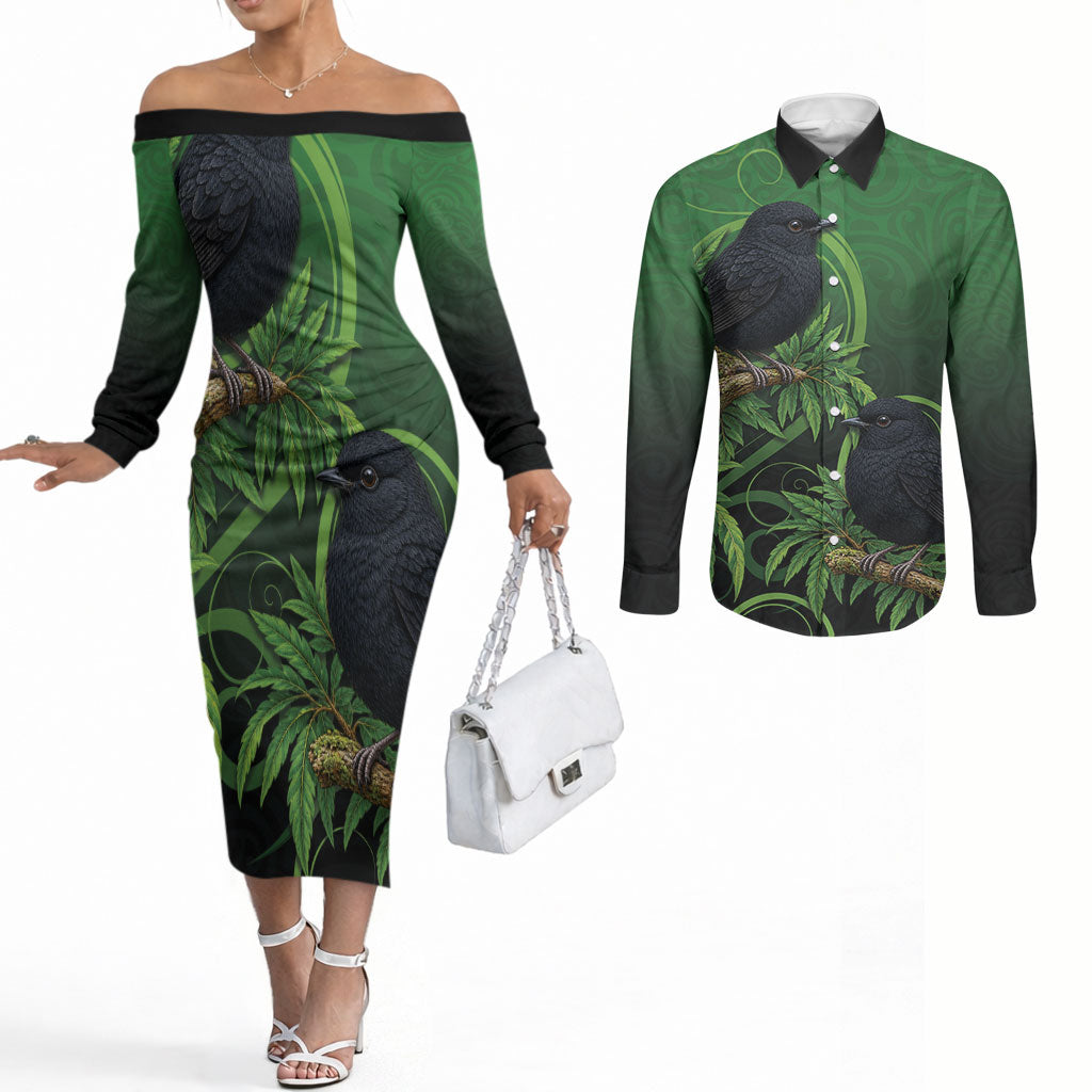 New Zealand Black Robin Couples Matching Off The Shoulder Long Sleeve Dress and Long Sleeve Button Shirt Karure Maori Koru Art Tattoo
