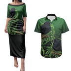 New Zealand Black Robin Couples Matching Puletasi and Hawaiian Shirt Karure Maori Koru Art Tattoo