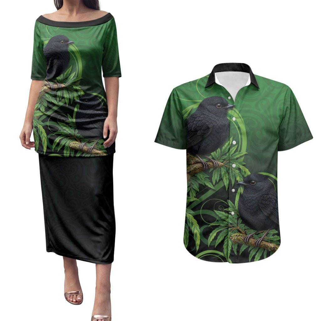 New Zealand Black Robin Couples Matching Puletasi and Hawaiian Shirt Karure Maori Koru Art Tattoo
