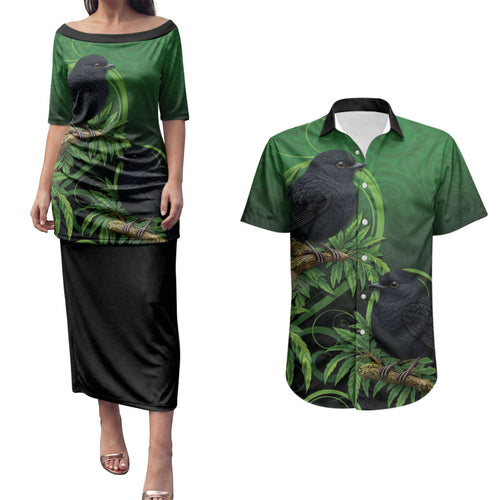 New Zealand Black Robin Couples Matching Puletasi and Hawaiian Shirt Karure Maori Koru Art Tattoo