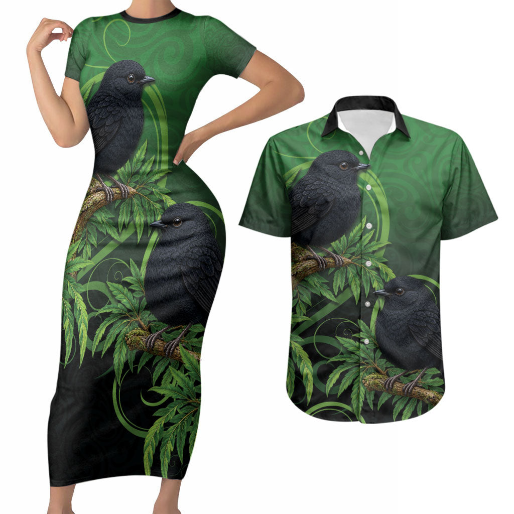 New Zealand Black Robin Couples Matching Short Sleeve Bodycon Dress and Hawaiian Shirt Karure Maori Koru Art Tattoo