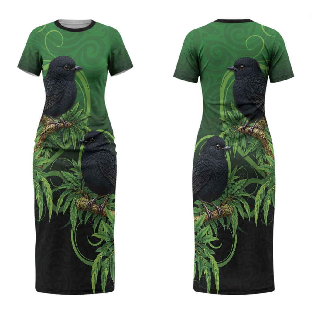 New Zealand Black Robin Couples Matching Short Sleeve Bodycon Dress and Hawaiian Shirt Karure Maori Koru Art Tattoo