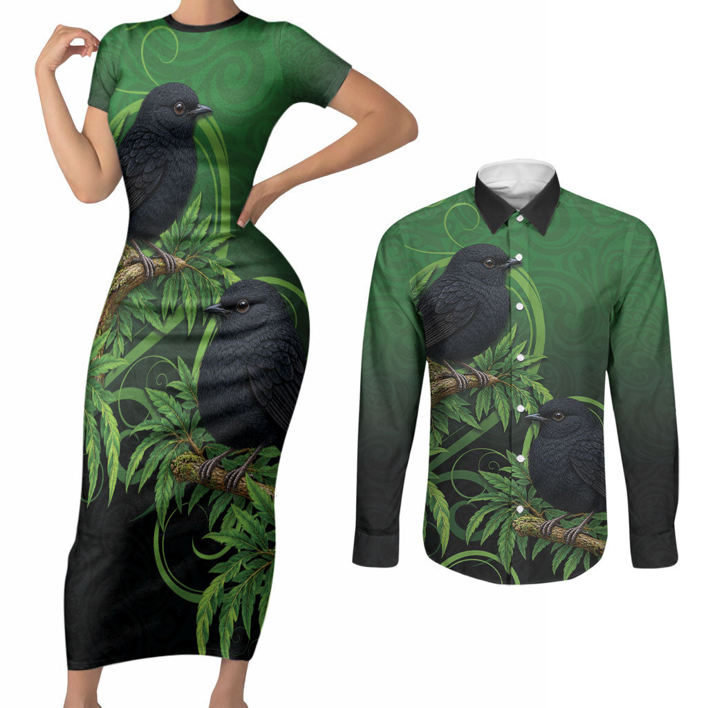 New Zealand Black Robin Couples Matching Short Sleeve Bodycon Dress and Long Sleeve Button Shirt Karure Maori Koru Art Tattoo