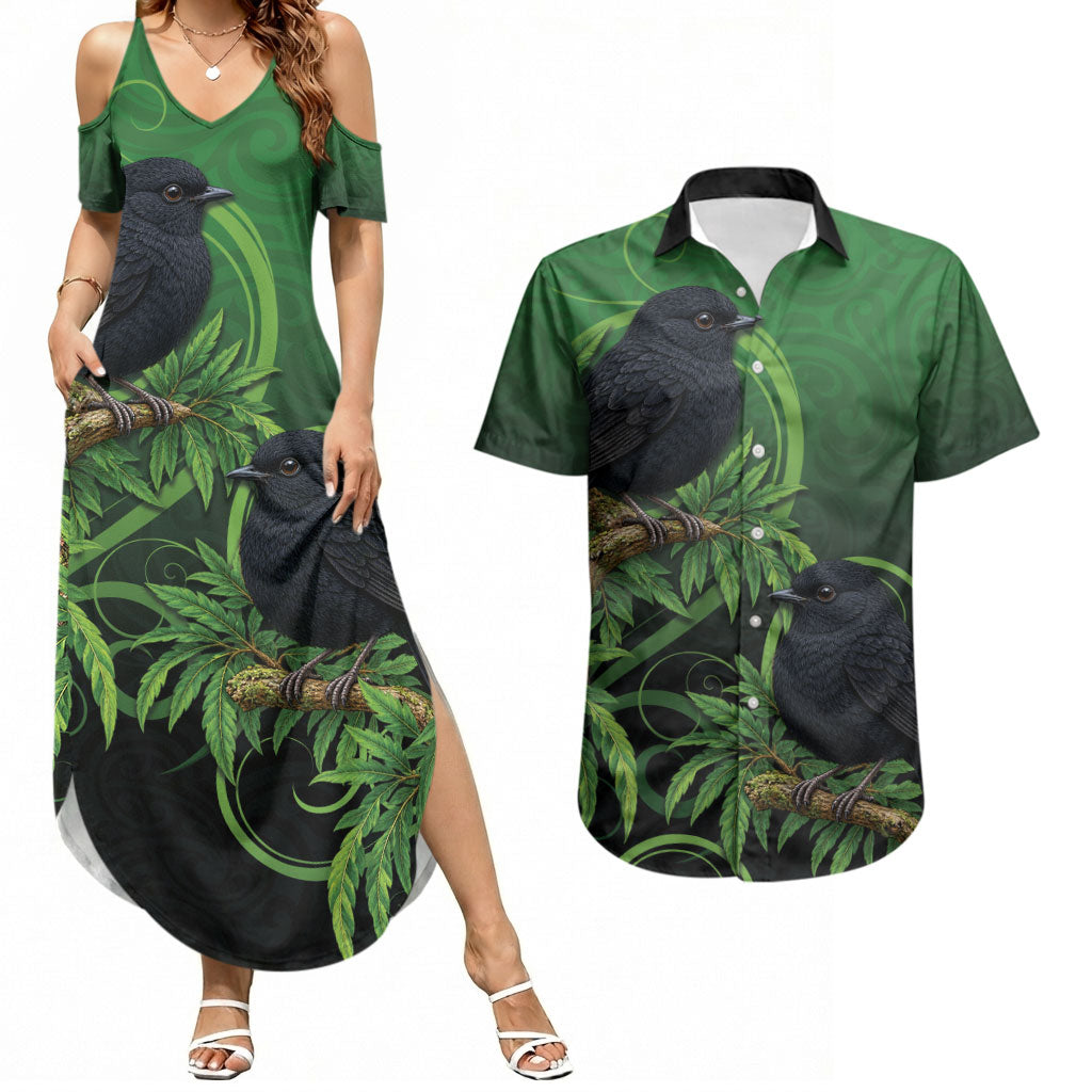 New Zealand Black Robin Couples Matching Summer Maxi Dress and Hawaiian Shirt Karure Maori Koru Art Tattoo