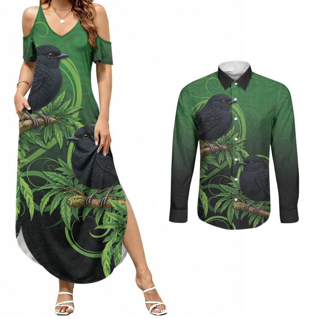 New Zealand Black Robin Couples Matching Summer Maxi Dress and Long Sleeve Button Shirt Karure Maori Koru Art Tattoo