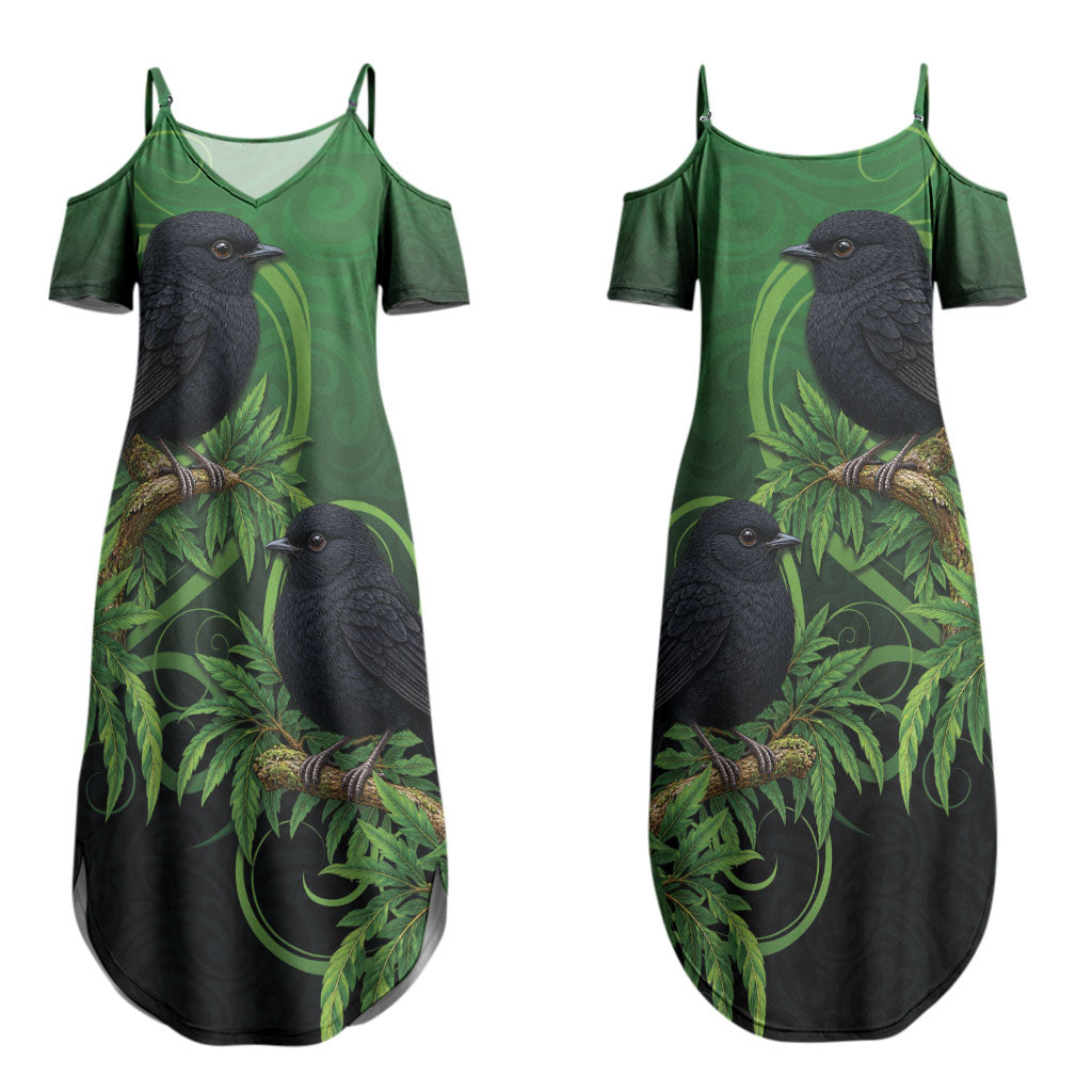 New Zealand Black Robin Couples Matching Summer Maxi Dress and Long Sleeve Button Shirt Karure Maori Koru Art Tattoo