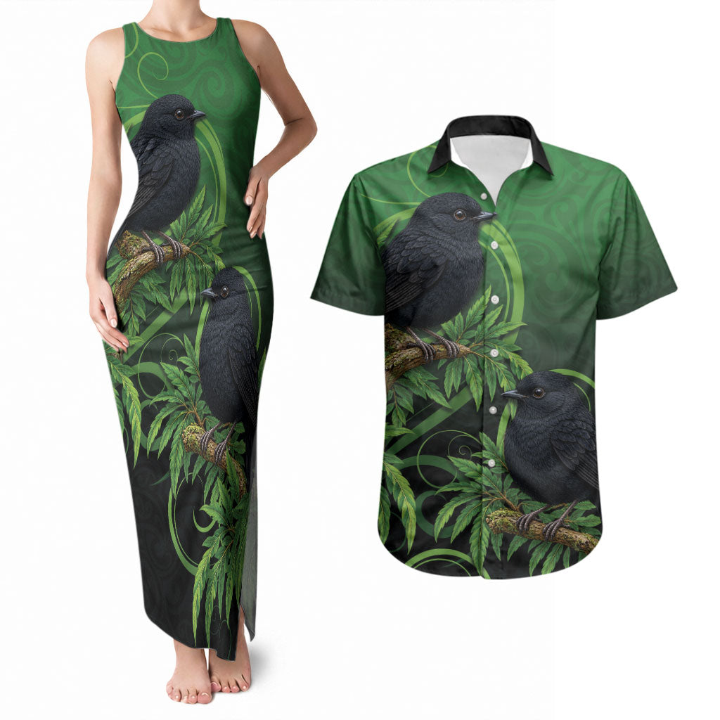 New Zealand Black Robin Couples Matching Tank Maxi Dress and Hawaiian Shirt Karure Maori Koru Art Tattoo