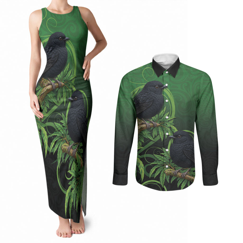 New Zealand Black Robin Couples Matching Tank Maxi Dress and Long Sleeve Button Shirt Karure Maori Koru Art Tattoo