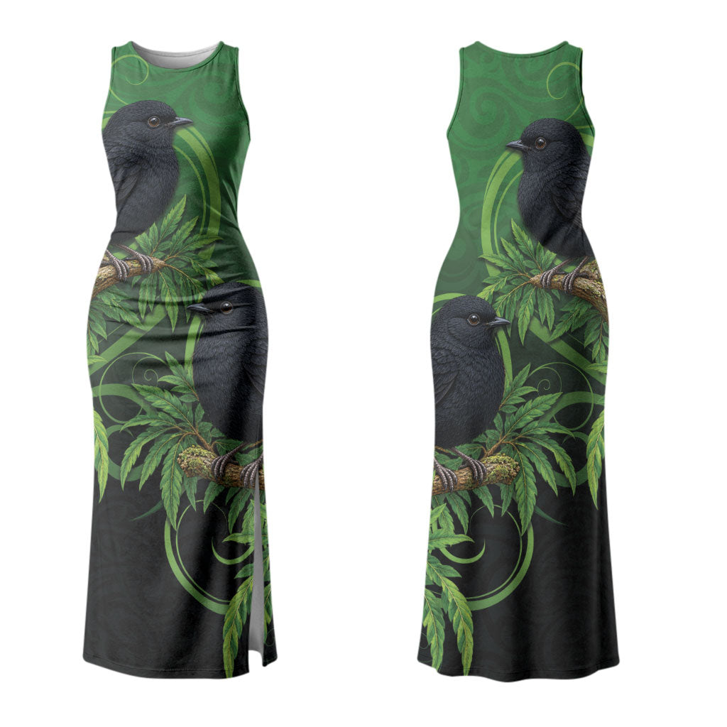 New Zealand Black Robin Couples Matching Tank Maxi Dress and Long Sleeve Button Shirt Karure Maori Koru Art Tattoo