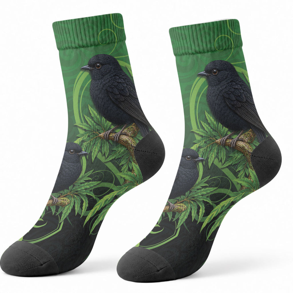 New Zealand Black Robin Crew Socks Karure Maori Koru Art Tattoo