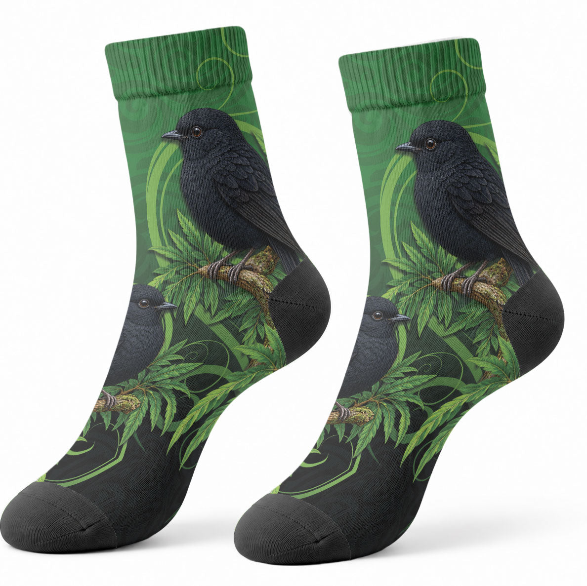 New Zealand Black Robin Crew Socks Karure Maori Koru Art Tattoo