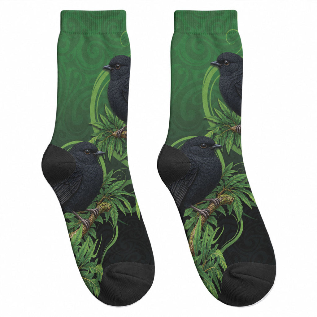 New Zealand Black Robin Crew Socks Karure Maori Koru Art Tattoo