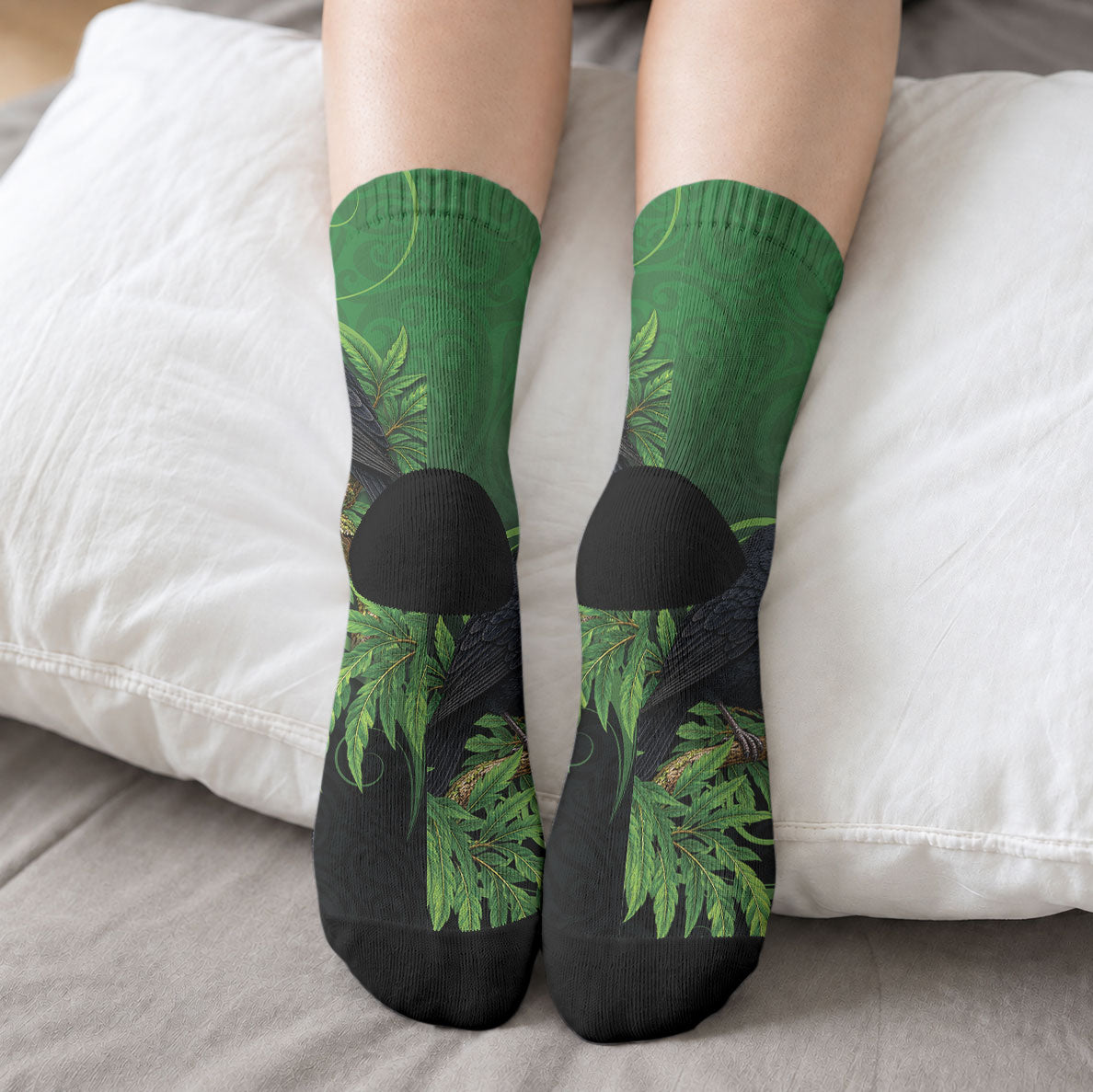 New Zealand Black Robin Crew Socks Karure Maori Koru Art Tattoo