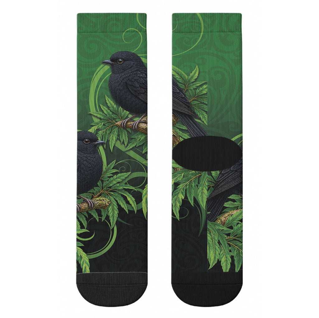 New Zealand Black Robin Crew Socks Karure Maori Koru Art Tattoo