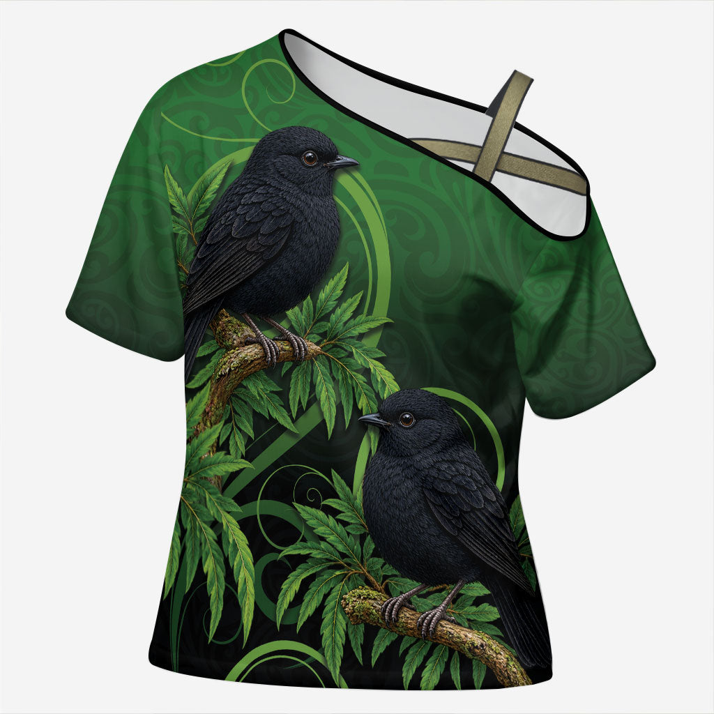 New Zealand Black Robin Cross Shoulder Shirt Karure Maori Koru Art Tattoo