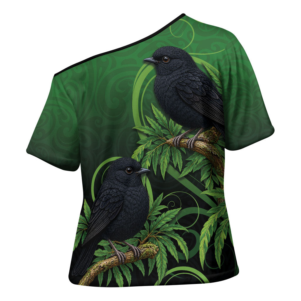New Zealand Black Robin Cross Shoulder Shirt Karure Maori Koru Art Tattoo