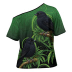 New Zealand Black Robin Cross Shoulder Shirt Karure Maori Koru Art Tattoo