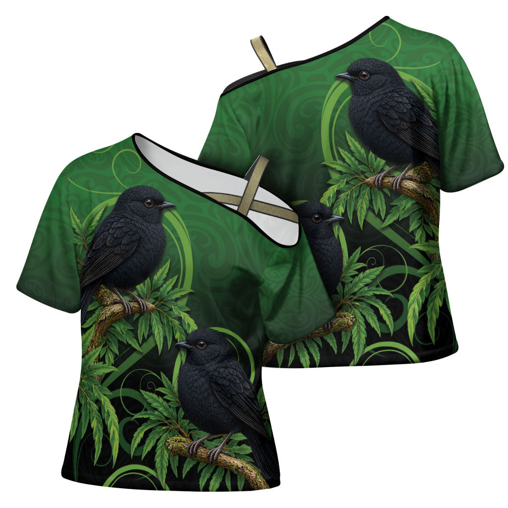 New Zealand Black Robin Cross Shoulder Shirt Karure Maori Koru Art Tattoo
