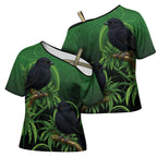 New Zealand Black Robin Cross Shoulder Shirt Karure Maori Koru Art Tattoo
