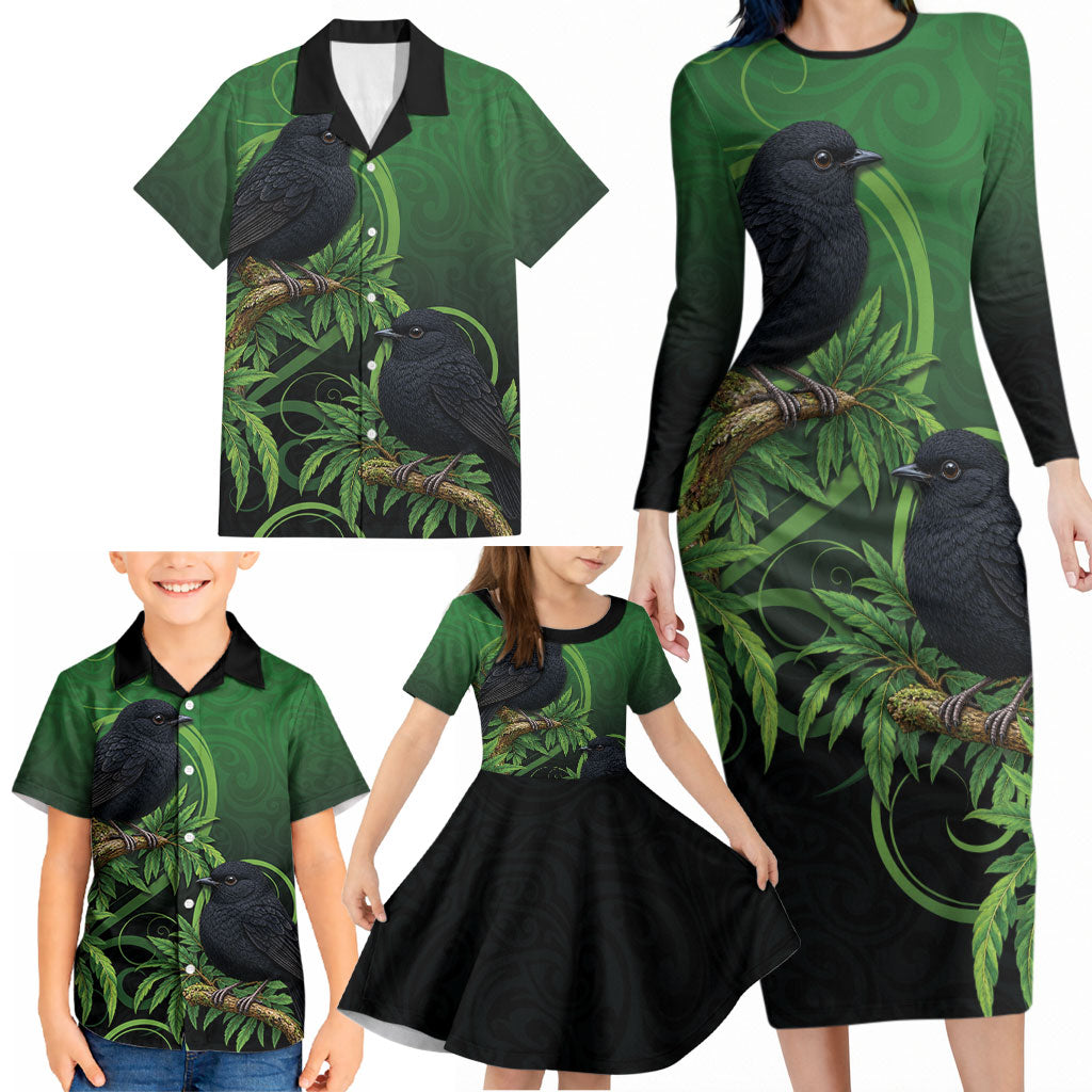 New Zealand Black Robin Family Matching Long Sleeve Bodycon Dress and Hawaiian Shirt Karure Maori Koru Art Tattoo