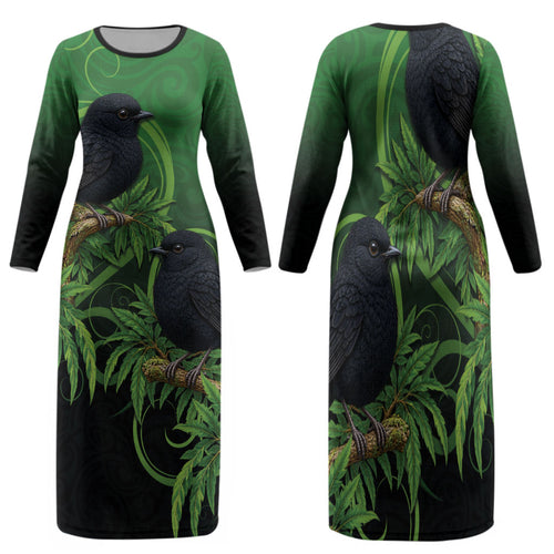 New Zealand Black Robin Family Matching Long Sleeve Bodycon Dress and Hawaiian Shirt Karure Maori Koru Art Tattoo