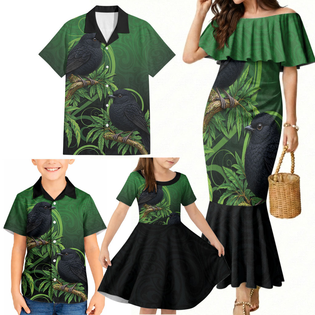 New Zealand Black Robin Family Matching Mermaid Dress and Hawaiian Shirt Karure Maori Koru Art Tattoo