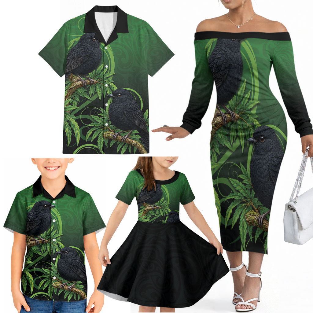 New Zealand Black Robin Family Matching Off The Shoulder Long Sleeve Dress and Hawaiian Shirt Karure Maori Koru Art Tattoo