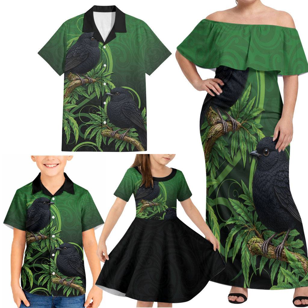 New Zealand Black Robin Family Matching Off Shoulder Maxi Dress and Hawaiian Shirt Karure Maori Koru Art Tattoo