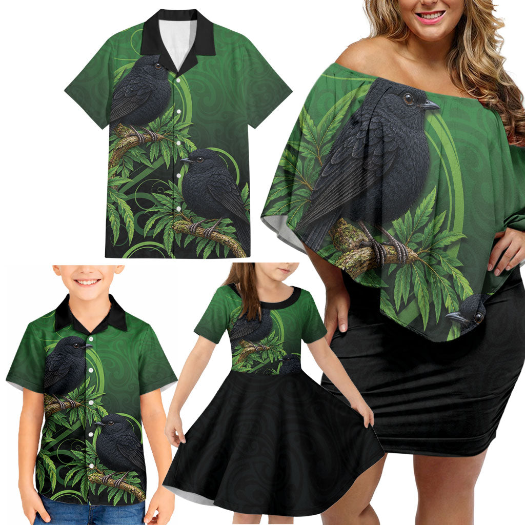 New Zealand Black Robin Family Matching Off Shoulder Short Dress and Hawaiian Shirt Karure Maori Koru Art Tattoo