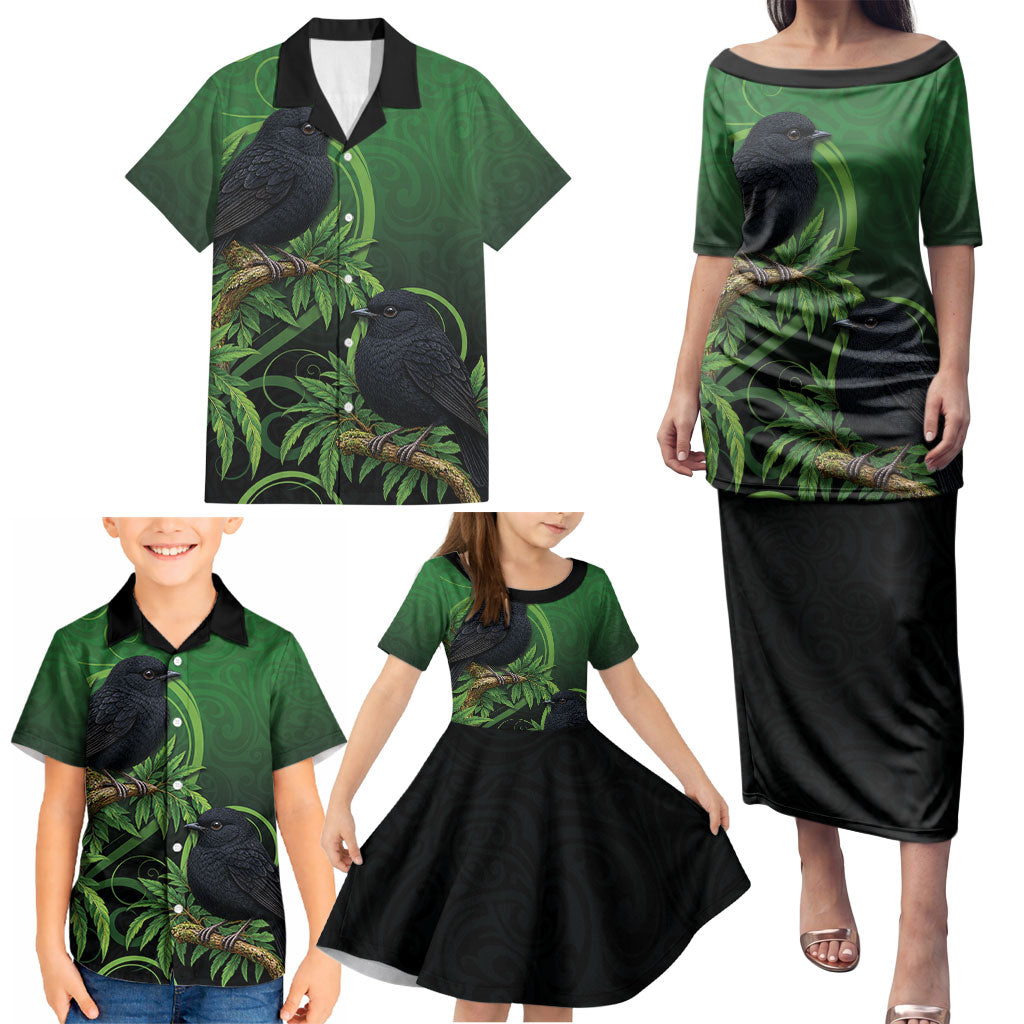 New Zealand Black Robin Family Matching Puletasi and Hawaiian Shirt Karure Maori Koru Art Tattoo