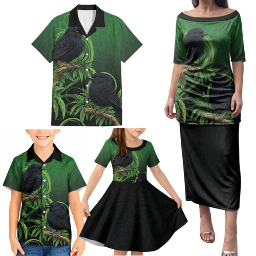 New Zealand Black Robin Family Matching Puletasi and Hawaiian Shirt Karure Maori Koru Art Tattoo