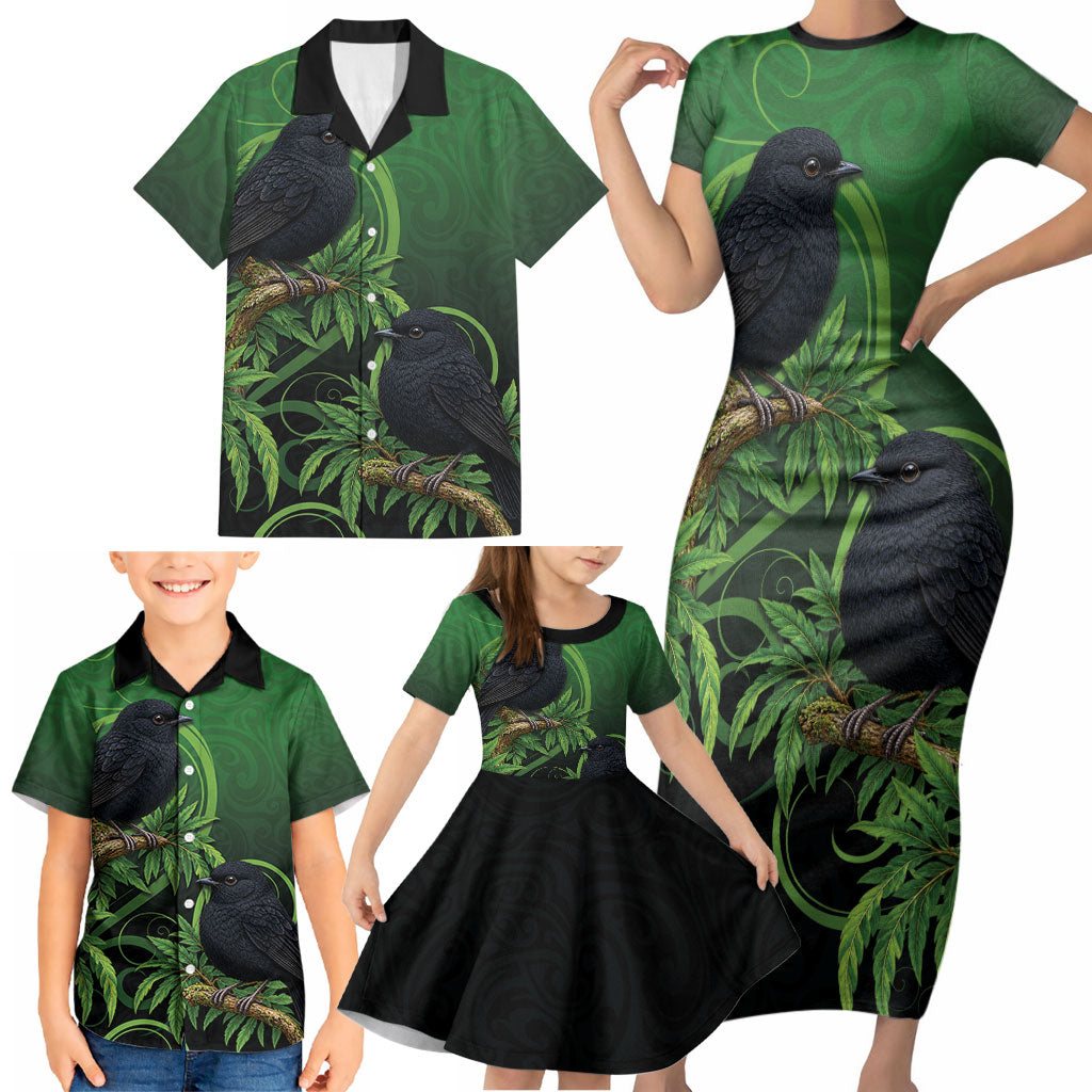 New Zealand Black Robin Family Matching Short Sleeve Bodycon Dress and Hawaiian Shirt Karure Maori Koru Art Tattoo