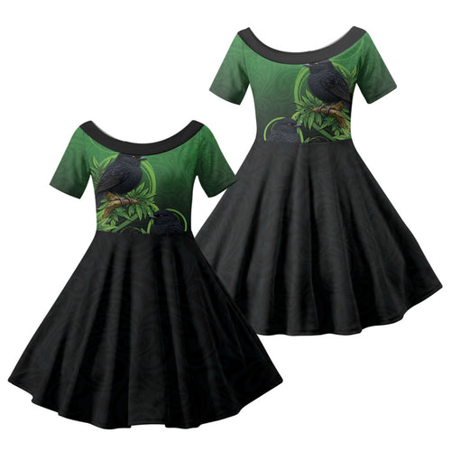 New Zealand Black Robin Family Matching Short Sleeve Bodycon Dress and Hawaiian Shirt Karure Maori Koru Art Tattoo