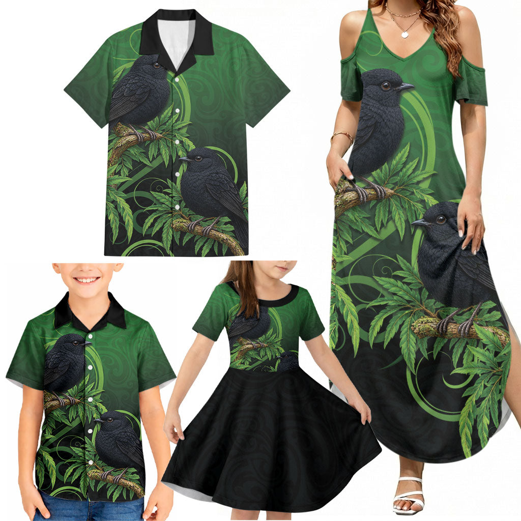 New Zealand Black Robin Family Matching Summer Maxi Dress and Hawaiian Shirt Karure Maori Koru Art Tattoo