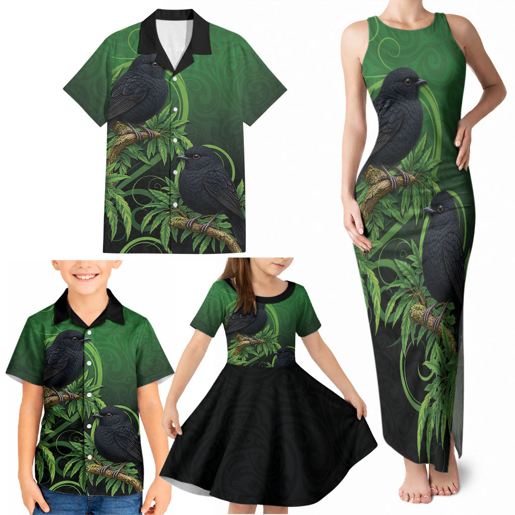 New Zealand Black Robin Family Matching Tank Maxi Dress and Hawaiian Shirt Karure Maori Koru Art Tattoo