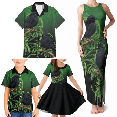 New Zealand Black Robin Family Matching Tank Maxi Dress and Hawaiian Shirt Karure Maori Koru Art Tattoo